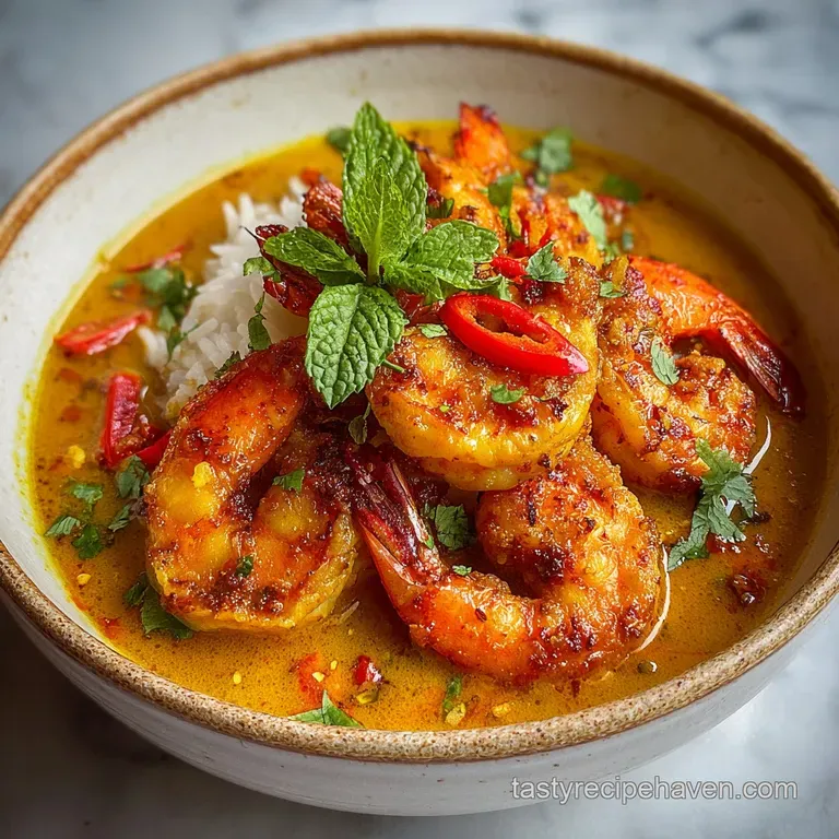 Creamy coconut curry with plump shrimp, cilantro, and a lime wedge arranged artfully on a white plate.