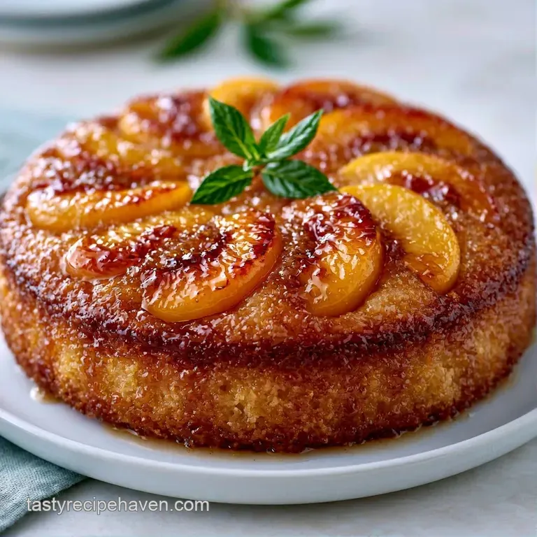 A slice of moist yellow cake topped with glazed peach slices on a white ceramic plate with a sprig of fresh mint.
