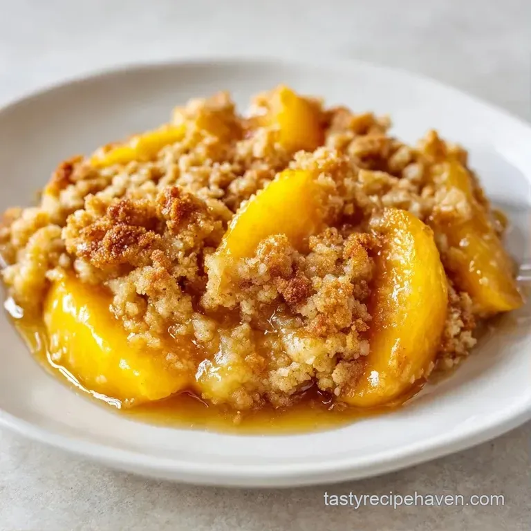 A slice of warm, golden peach cake on a white ceramic plate topped with a melting scoop of vanilla ice cream.
