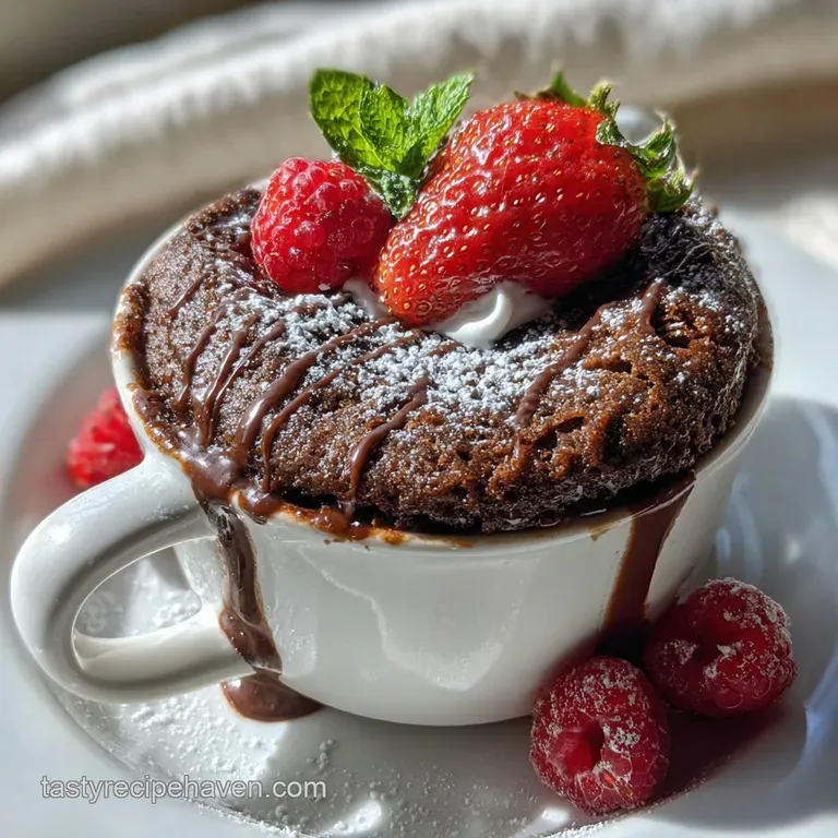 Individual chocolate mug cake served on a small plate, topped with whipped cream and fresh raspberries. Delicious, easy de...