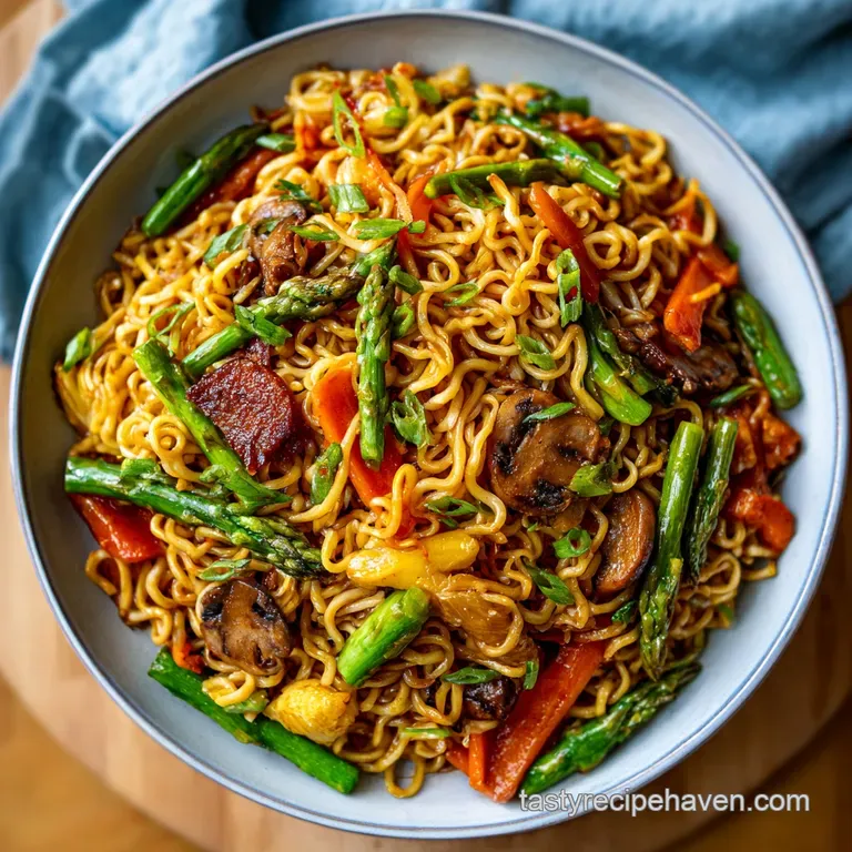 Plated ramen stir-fry: glossy noodles piled high, accented by vibrant green scallions and a sprinkle of chili flakes for c...