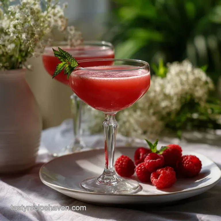 Elegant pink cocktail in a coupe glass. Garnished with sugared rim and fresh raspberry. Shimmering and festive for Galenti...