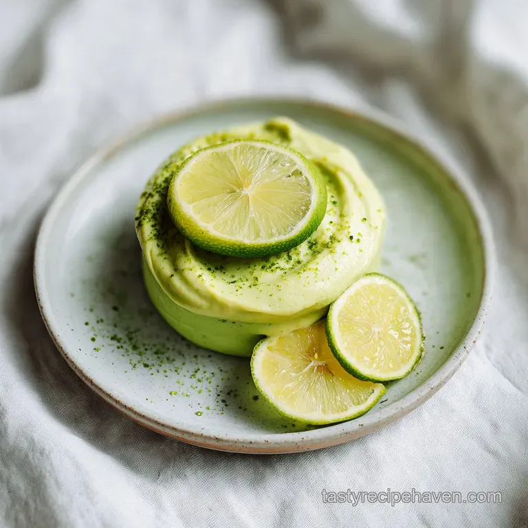Smooth, pale green mousse elegantly scooped into a glass bowl, garnished with mint.