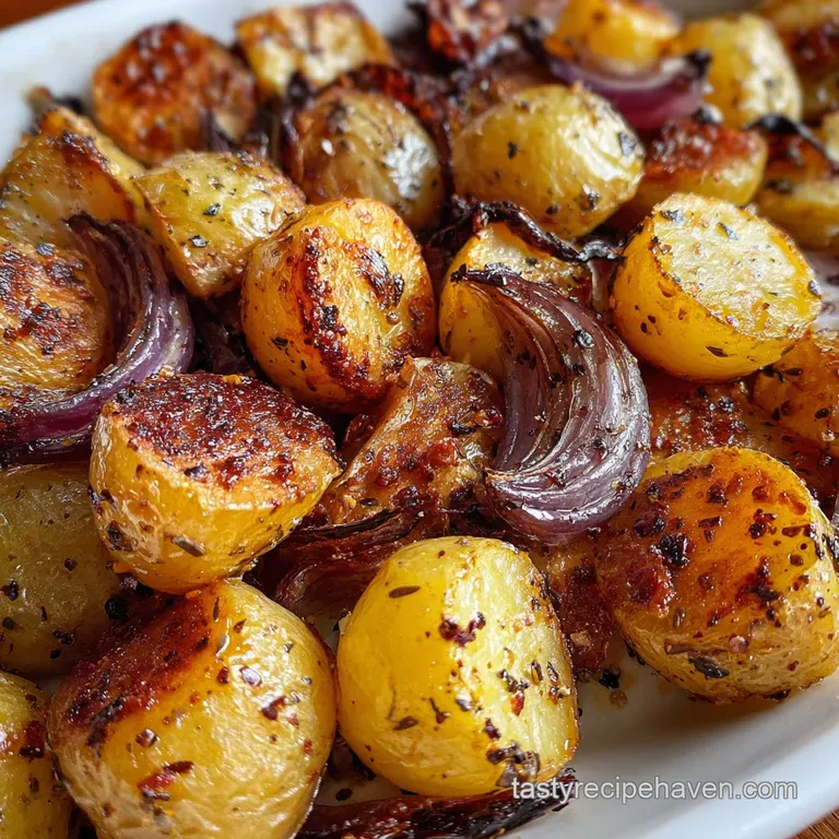 Glossy roasted potatoes and caramelized onions arranged artfully on a white plate with a sprig of fresh rosemary.
