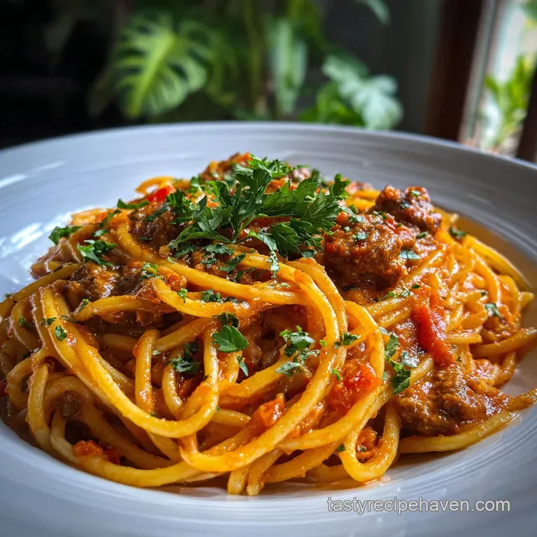 Plated Rotel spaghetti swirls, speckled with vibrant red tomatoes and chili; a creamy, comforting texture is implied.