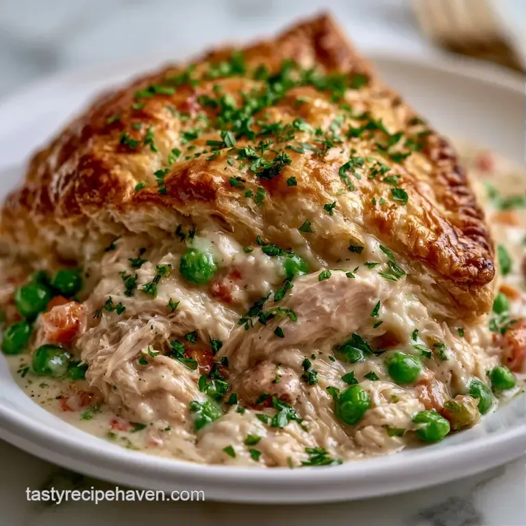 A slice of savory pie on a white plate, featuring a flaky golden crust and steaming creamy chicken and vegetable filling.