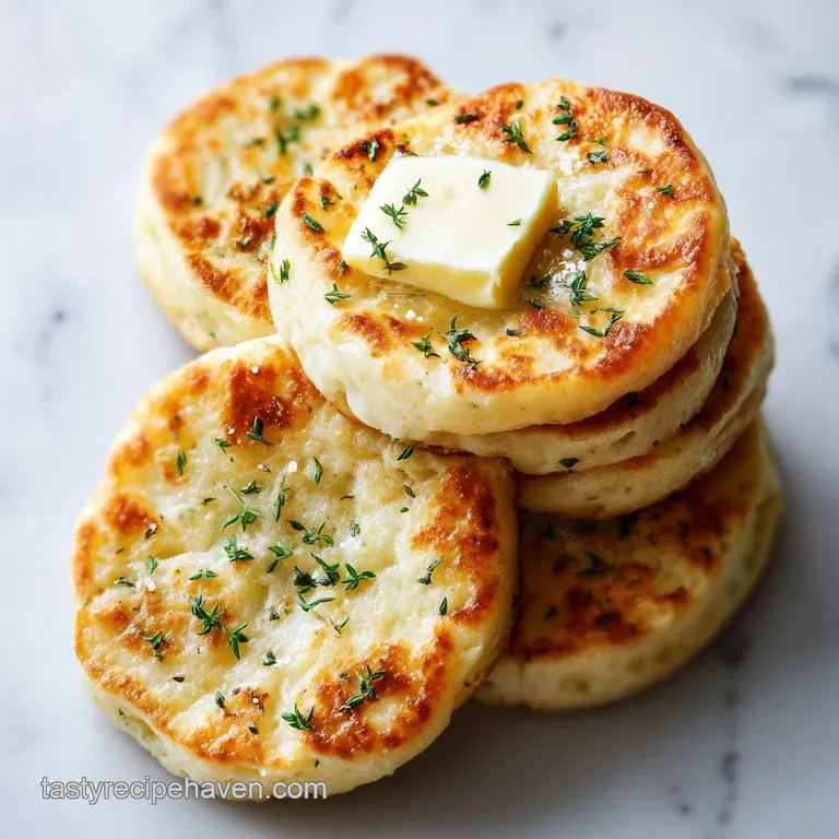 Trio of circular potato cakes on a white ceramic plate, garnished with a sprig of fresh parsley and sea salt.