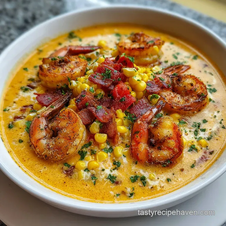 Elegant bowl of bisque with plump shrimp, scattered sweet corn, and fresh herb garnish. Drizzled oil adds gloss and richne...