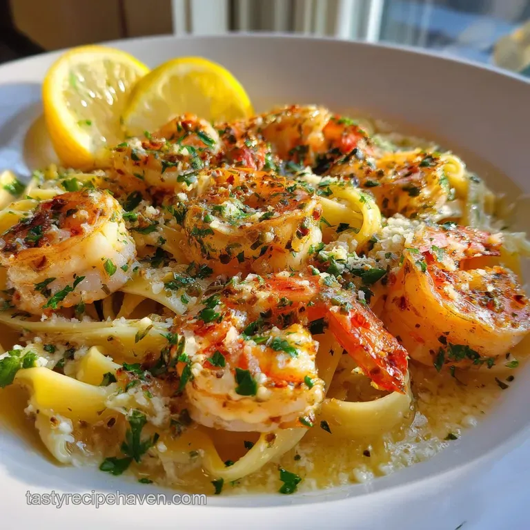 Perfectly plated shrimp scampi: plump shrimp, golden noodles, and a glistening sauce, ready to be savored in a restaurant ...