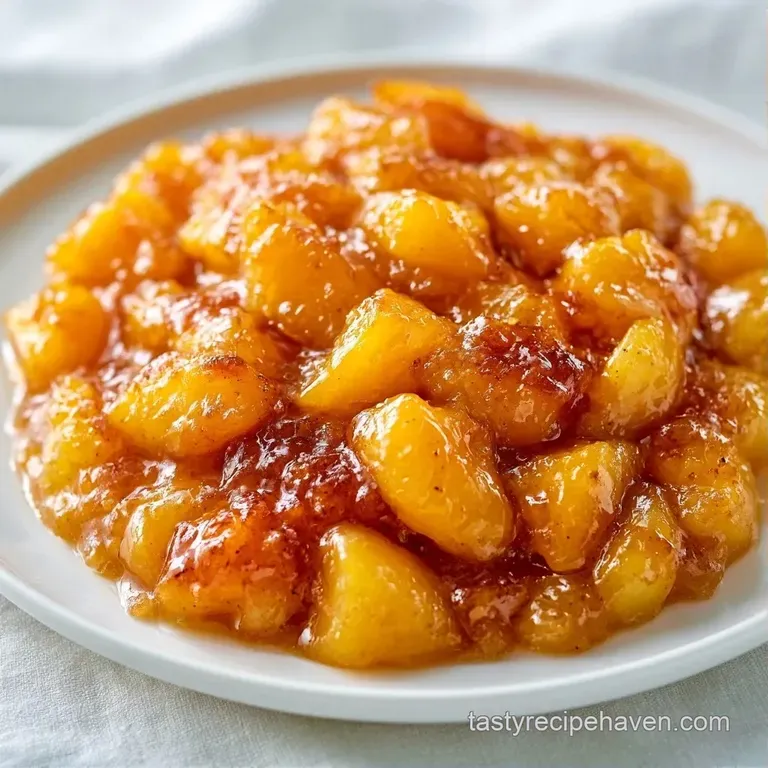 Warm, caramelized peach slices glistening with a rich golden syrup, artfully arranged on a white porcelain dish.