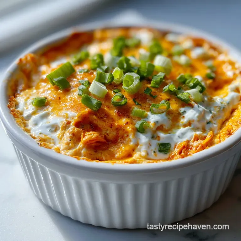 Scoop of vibrant buffalo chicken dip on a chip. Swirls of creamy ranch visible. A sprinkle of fresh herbs add pops of brig...