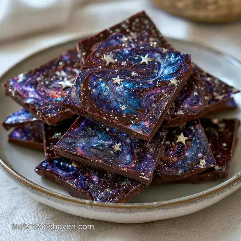Shards of dark chocolate with cosmic swirls of blue and magenta arranged artistically on a matte black slate board.