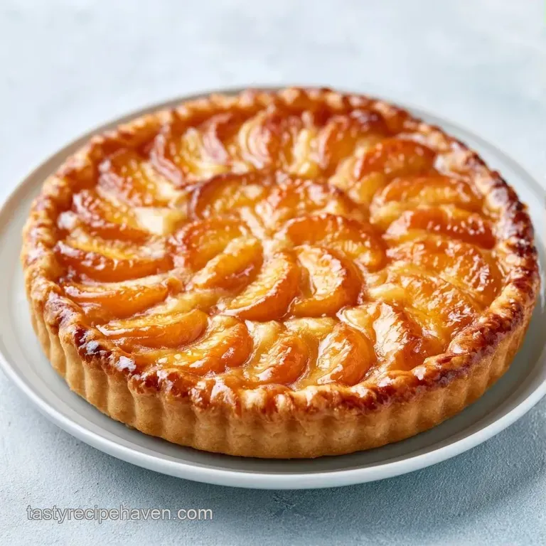 A slice of warm peach tart on a white ceramic plate topped with a dollop of whipped cream and a fresh mint leaf.