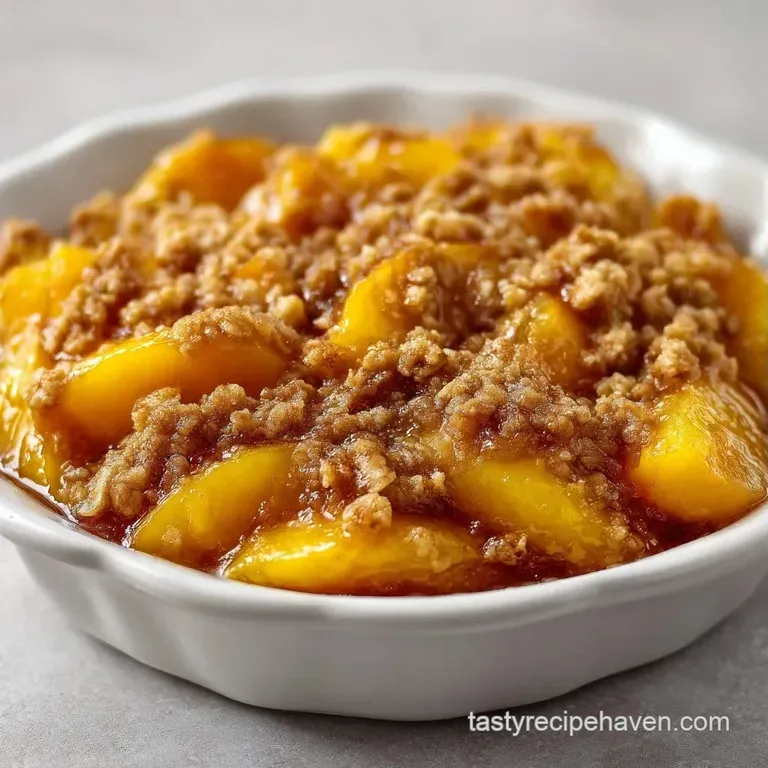 A square slice of warm peach crisp topped with a scoop of melting vanilla ice cream on a white porcelain plate.