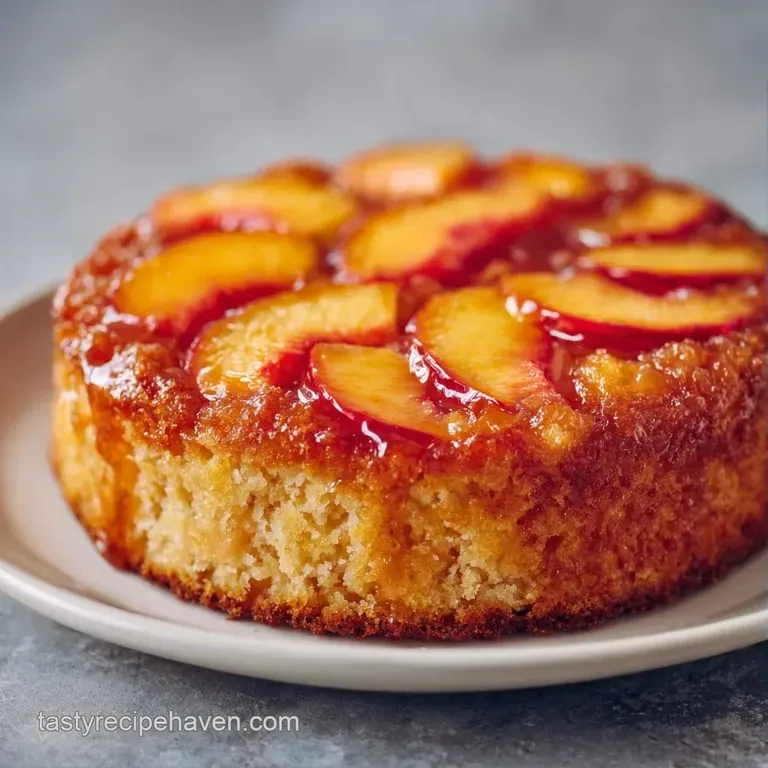 A slice of moist yellow cake on a white plate, garnished with a swirl of whipped cream and a fresh peach slice.