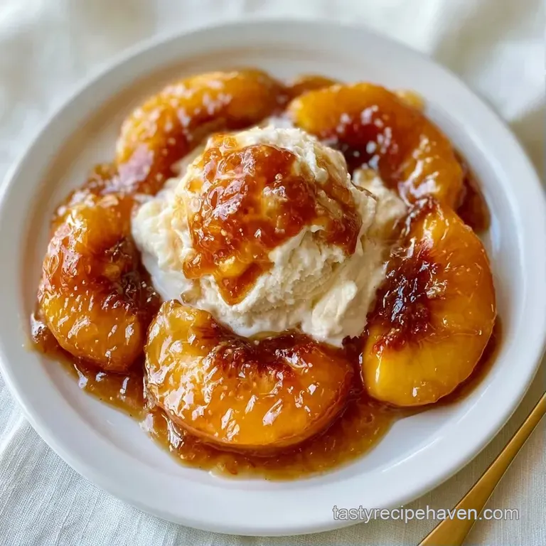 Slices of caramelized golden peaches in a dark cast iron skillet topped with a melting scoop of creamy vanilla ice.