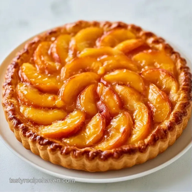 A neat slice of fruit tart on a white plate, dusted with powdered sugar and topped with a tiny mint leaf.