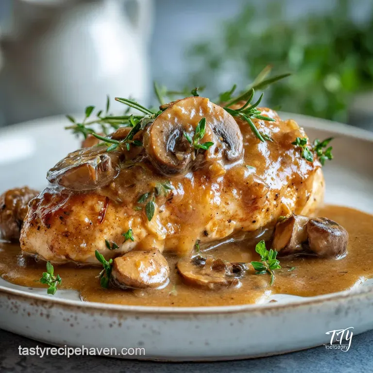 Creamy gravy-smothered chicken breast, glistening with savory juices, resting on fluffy mashed potatoes with a sprinkle of...