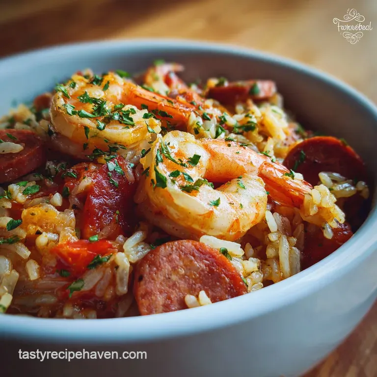 Jambalaya elegantly plated with a sprig of fresh parsley. Glistening rice and juicy shrimp create an appetizing visual.
