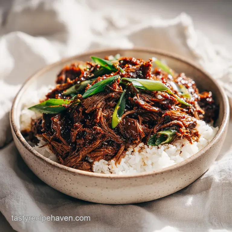 Tender beef piled high in a bowl, drizzled with sauce, topped with fresh garnishes.