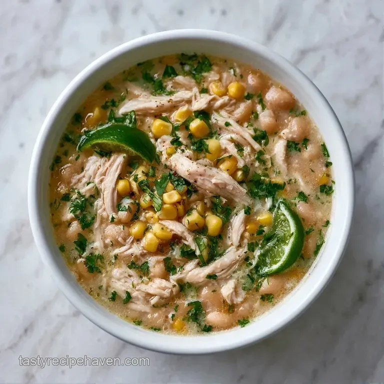 A white stoneware bowl filled with thick white chili, garnished with lime wedges and shredded Monterey Jack cheese.