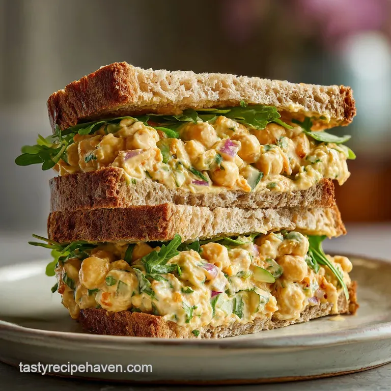 Crusty sandwich half with a thick layer of smashed chickpeas, topped with leafy greens, served on a rustic wooden board.