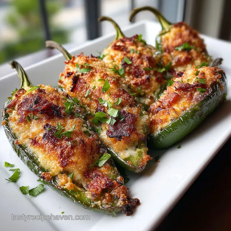 Plated jalapeno poppers drizzled with creamy sauce, alongside a vibrant cilantro garnish. Spicy aroma implied by bright ch...