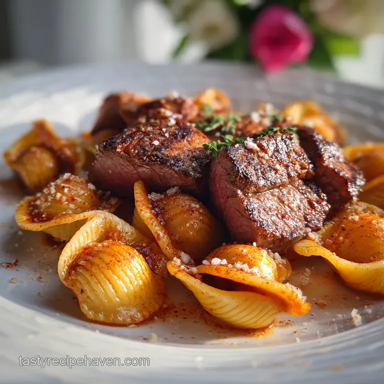 Perfectly plated steak and pasta with a glistening, smoky cream sauce, vibrant paprika, and fresh parsley garnish on white...