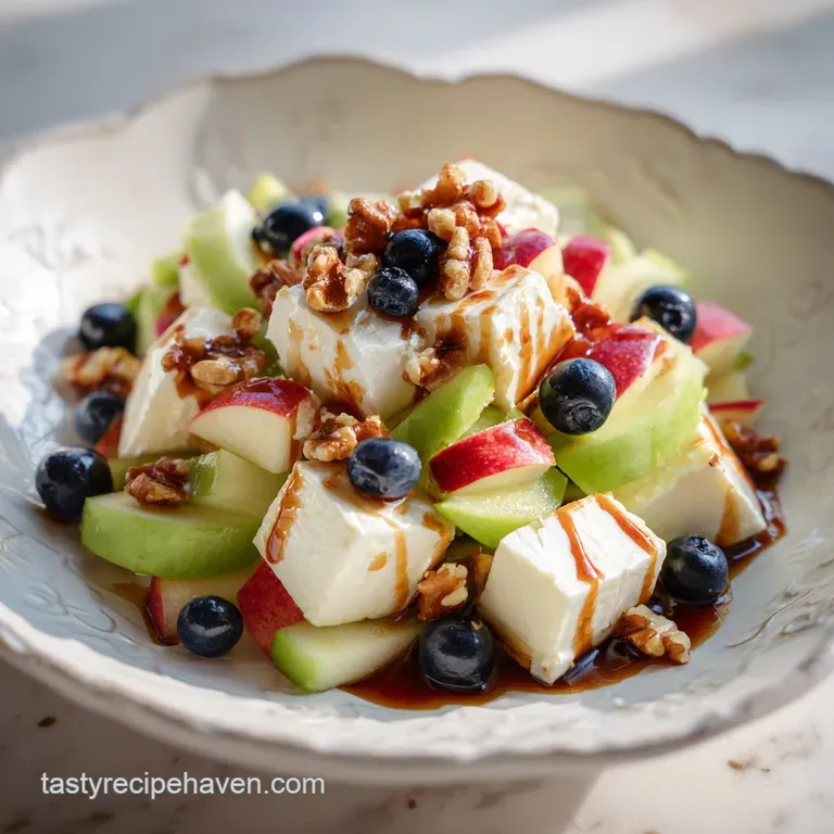 Elegant bowl of fluffy apple salad, layered with chopped Snickers, drizzled caramel, and crunchy peanuts. A tempting sweet...