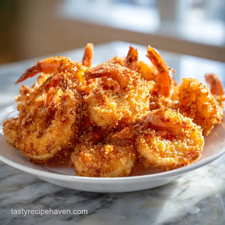 Perfectly golden fried shrimp elegantly arranged on a white plate, hints of green herbs, crispy texture clearly visible, a...