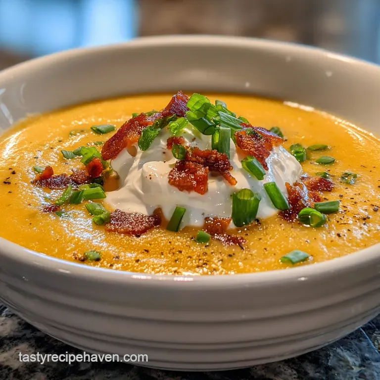Elegant bowl of potato soup with a drizzle of cream, bright green chives, and vibrant red pepper flakes against a dark bac...