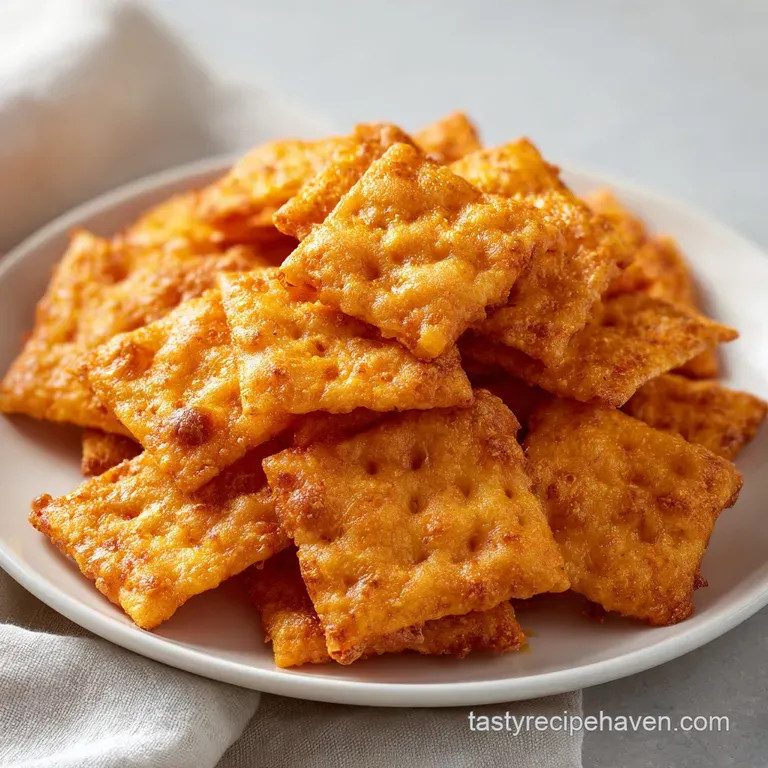 Stack of flaky cheese crackers on a wooden board. A ramekin of red pepper flakes hints at the spicy, savory flavor.