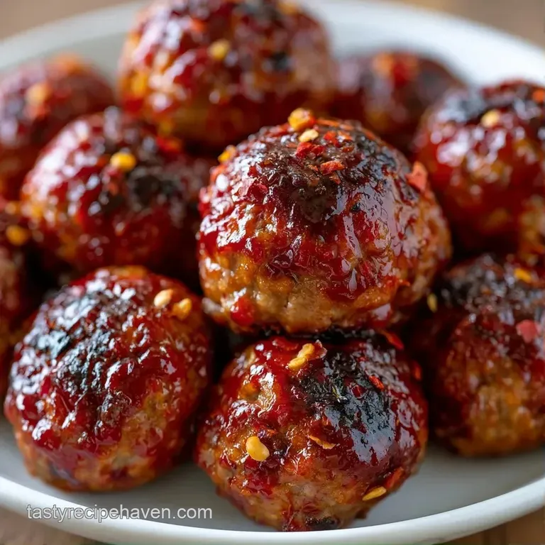 Three glazed brown meatballs on a white ceramic plate, drizzled with spicy red sauce and sprinkled with green herbs.