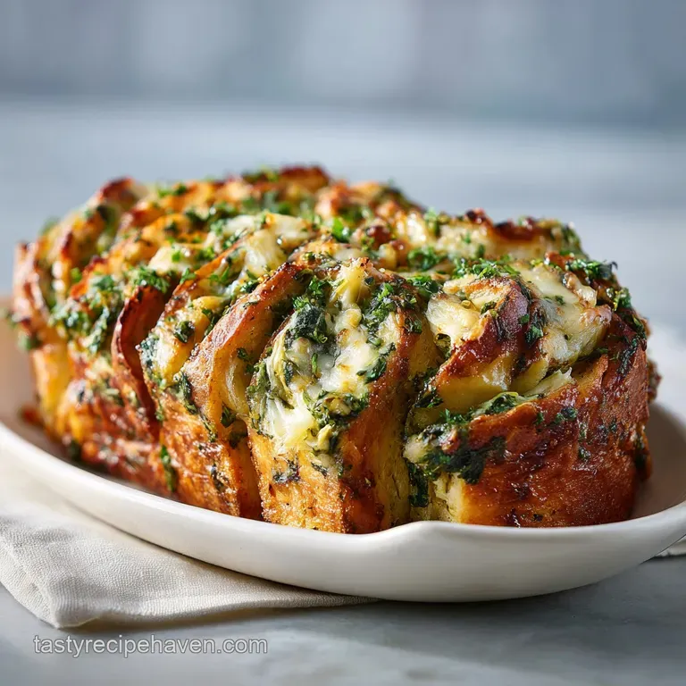 A slice of warm, cheesy pull-apart bread on a wooden board. Steam rises, hinting at the soft, savory interior. Ready to se...