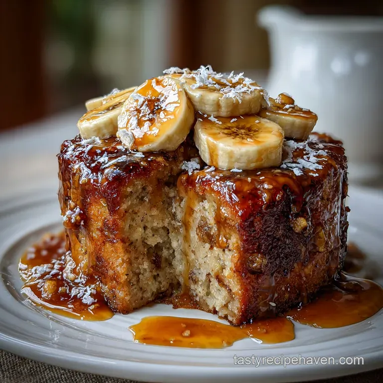 Warm slice of banana bread pudding cake topped with a scoop of melting ice cream, caramel drizzle. So inviting, sweet & co...