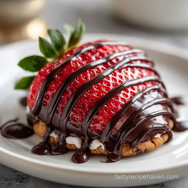 Elegant dessert plate featuring a chocolate-covered strawberry cookie with a rich, dark chocolate drizzle and a dusting of...