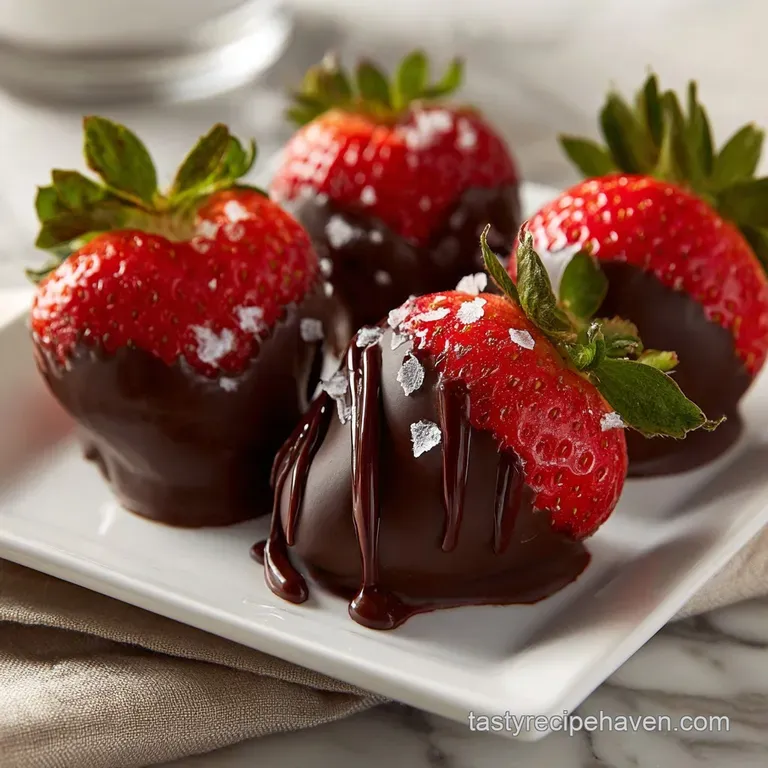 Elegant display of chocolate-dipped strawberry hearts on a white plate. The glossy chocolate contrasts with the bright red...