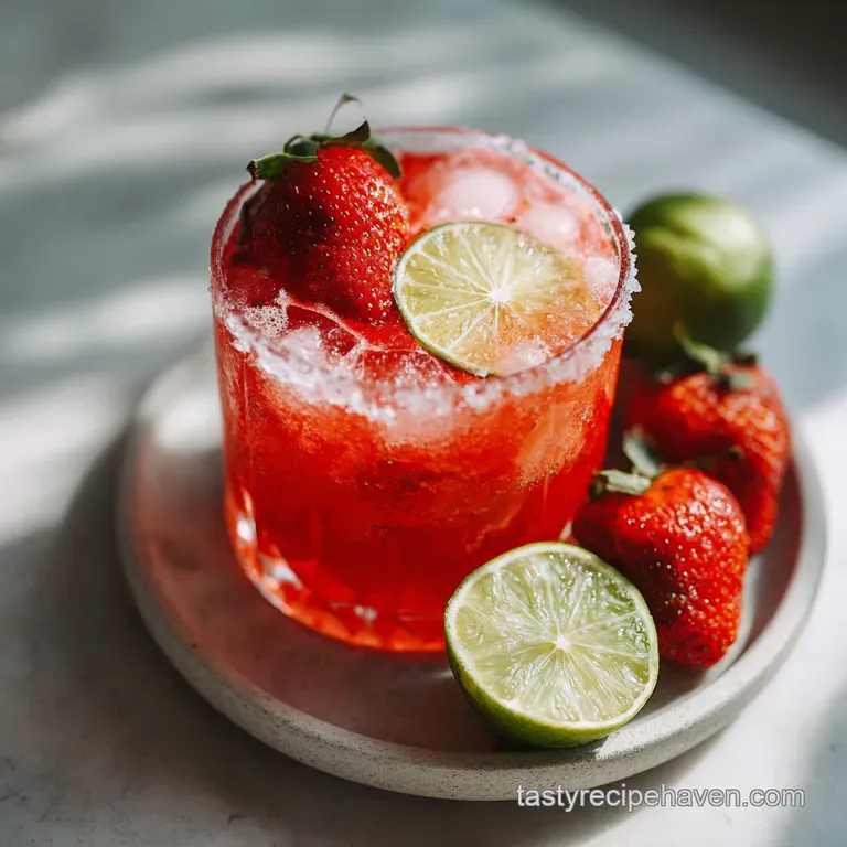 Two chilled glasses of strawberry-lime mocktail, garnished with salt rims and fruit.