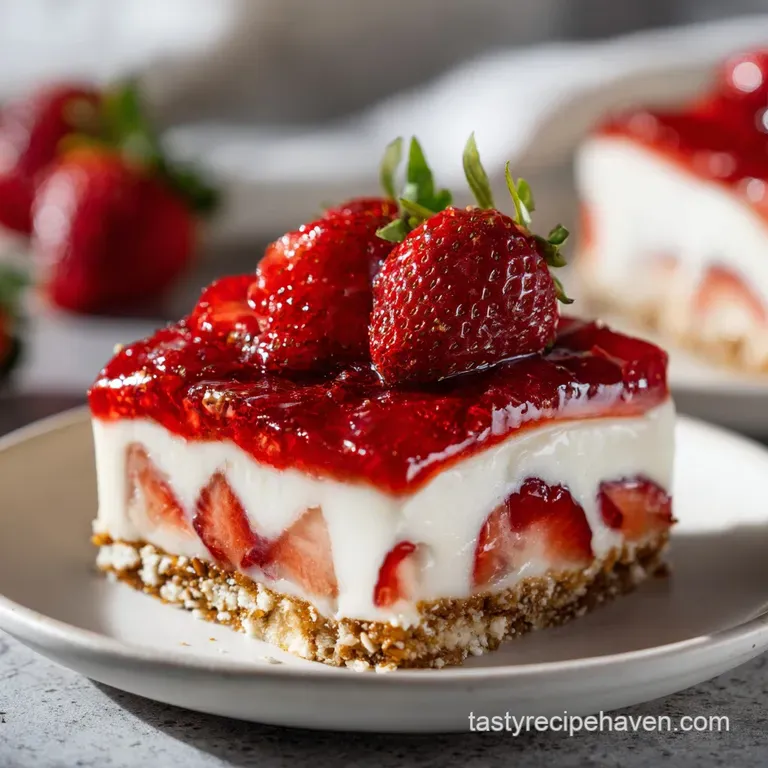 Individual serving of strawberry pretzel salad: creamy layers, crushed pretzels, and bright red berries create a visually ...