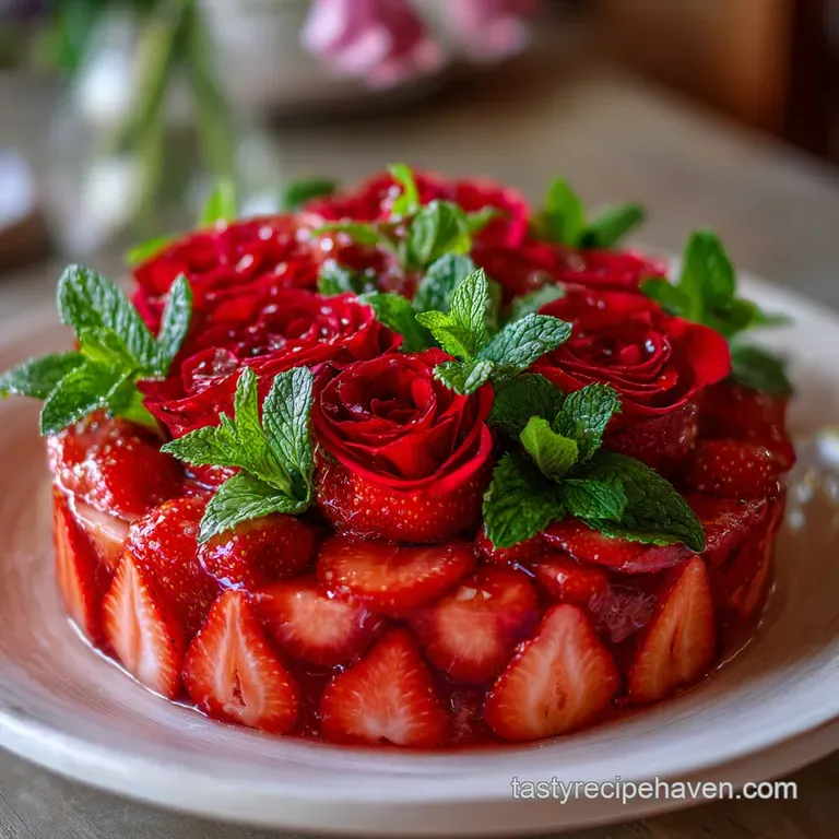 Elegant arrangement of ruby red strawberries with verdant mint, resembling roses, cascading from a clear glass vase.