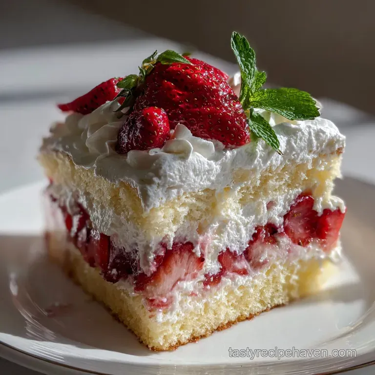 A slice of strawberry cake with delicate layers of whipped cream and soft sponge. Strawberry slice garnishes the plate.