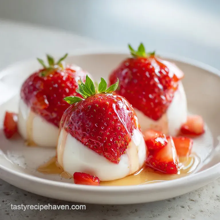 Neatly stacked pink strawberry yogurt bites drizzled with golden honey, reflecting light, on a small white plate.
