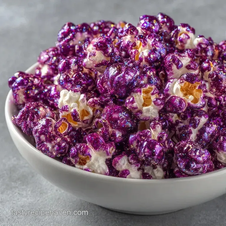 Shimmering purple and blue popcorn piled high in a clear glass bowl atop a moody, dark reflective surface.