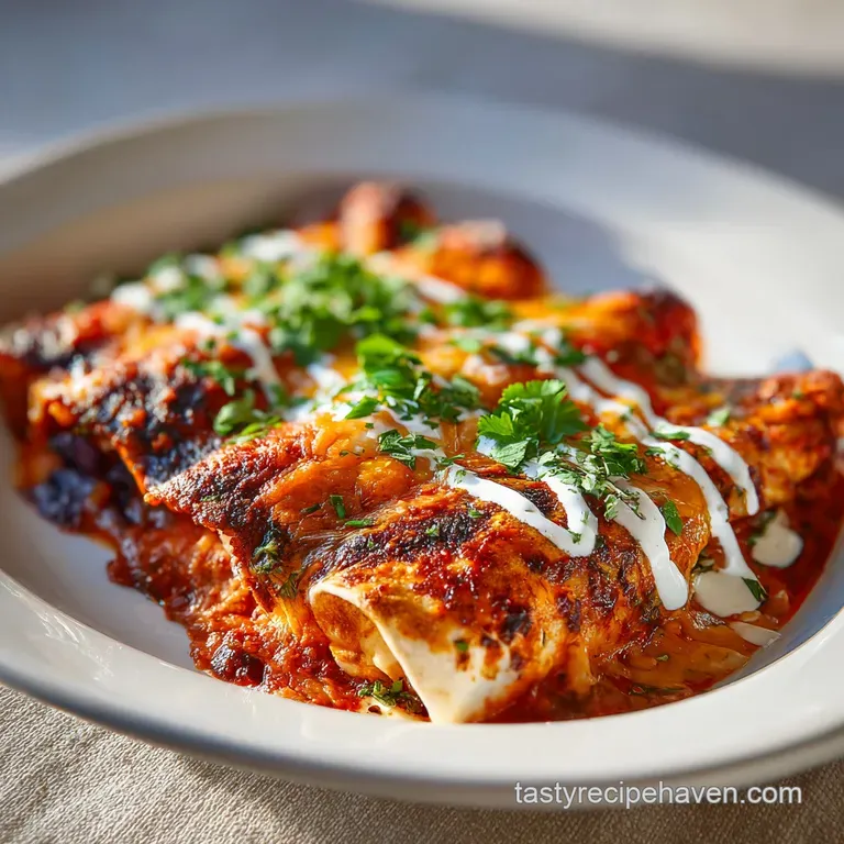 A single, artfully plated enchilada oozing with creamy filling. Topped with a vibrant green garnish and a drizzle of sauce...