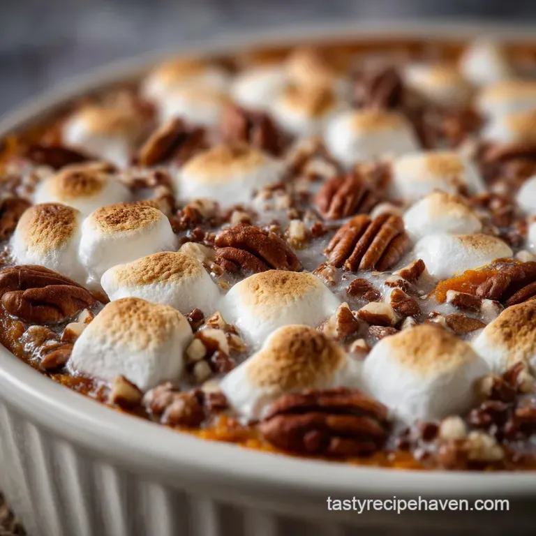 Elegant spoonful of sweet potato casserole featuring a swirl of soft marshmallow and hints of cinnamon spice; inviting bro...