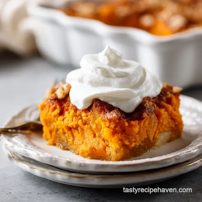Individual serving of sweet potato casserole, airy browned marshmallows contrast with the smooth, vibrant orange sweet pot...