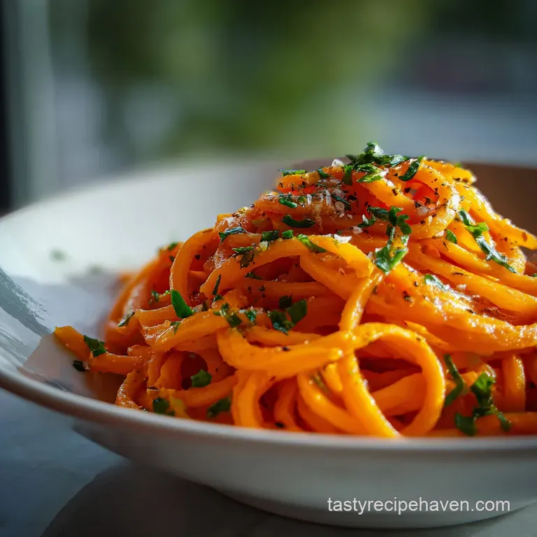 Elegant plating: golden pasta nests drizzled with sauce. Garnished with vibrant greens on a clean white plate, inviting an...