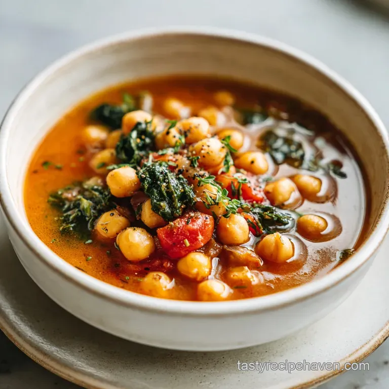 Elegantly plated chickpea soup, garnished with fresh rosemary sprig and a drizzle of olive oil, served on a rustic wooden ...