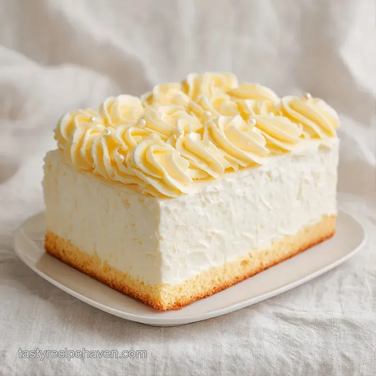 A moist slice of vanilla sponge cake topped with fluffy white frosting on a clean white porcelain dessert plate.
