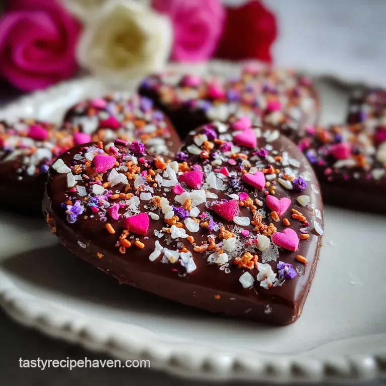 Elegant dessert plate with a rich chocolate heart cookie; delicate frosting swirls and bright candy sprinkles add whimsy.